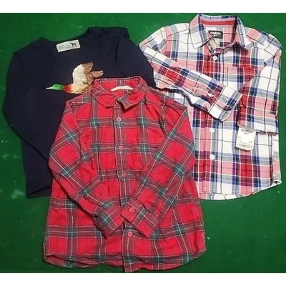 3 Boys 4t Longsleeve Shirts NWT OSH KOSH PLAID Button Up Red Flannel‎ Duck 4T
